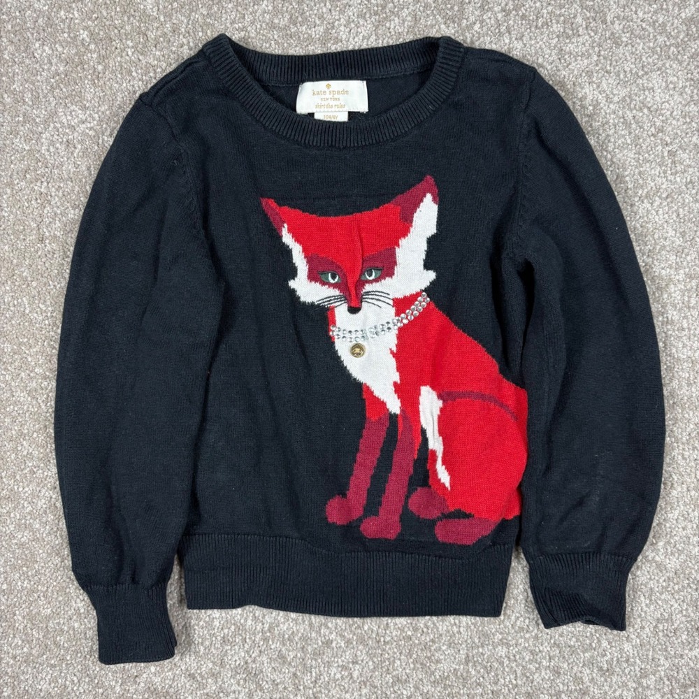 Kate Spade New York Kids Black Fox Intarsia Rhinestone Sweater Size 4Y